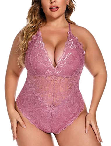 Aranmei Sexy Plus Size Teddy Lingerie,Snap Crotch Lace Bodysuit,Deep V One Piece Lingerie for Women 1X-4X,Pink XL