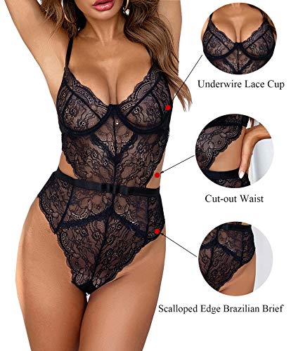 Black Lace Teddy Bodysuit for Women