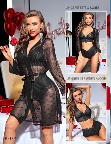 RSLOVE Lace Kimono Bra Panty Lingerie Set Black