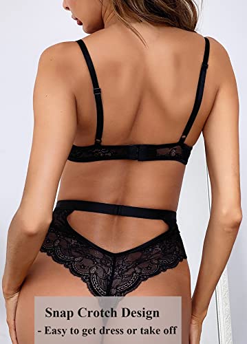 Black Lace Teddy Bodysuit for Women