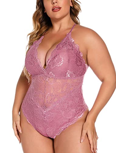 Aranmei Sexy Plus Size Teddy Lingerie,Snap Crotch Lace Bodysuit,Deep V One Piece Lingerie for Women 1X-4X,Pink XL