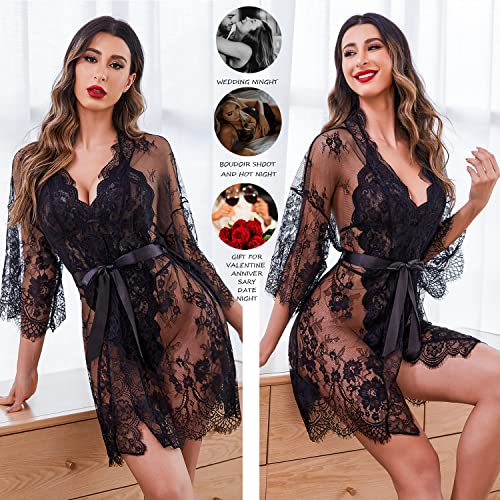 Black Lace Kimono & Bodysuit Lingerie Set by Avidlove