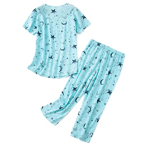 Women Short Sleeve Pajama Set Tops with Capri Pants Cartoon Print Sleep Shirt Two Piece Sleepwear Pj Set Green Star L