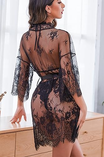 Black Lace Kimono & Bodysuit Lingerie Set by Avidlove