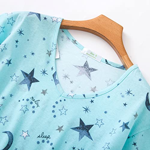 Women Short Sleeve Pajama Set Tops with Capri Pants Cartoon Print Sleep Shirt Two Piece Sleepwear Pj Set Green Star L