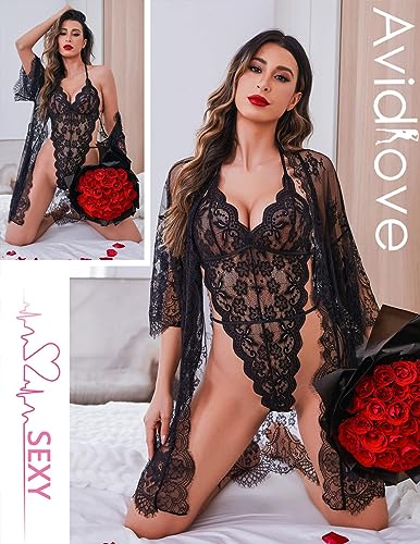 Black Lace Kimono & Bodysuit Lingerie Set by Avidlove