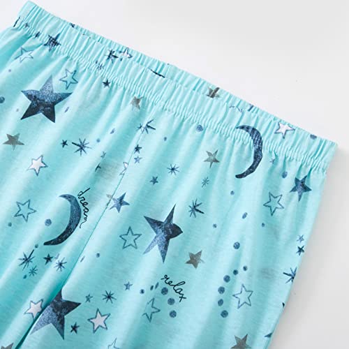 Women Short Sleeve Pajama Set Tops with Capri Pants Cartoon Print Sleep Shirt Two Piece Sleepwear Pj Set Green Star L