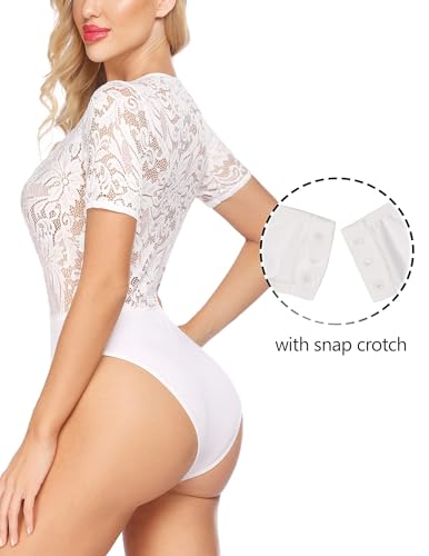Avidlove Womens Shapewear Bodysuit Sexy Short Sleeve Bodysuit Snap Crotch Clubwear Tops White L