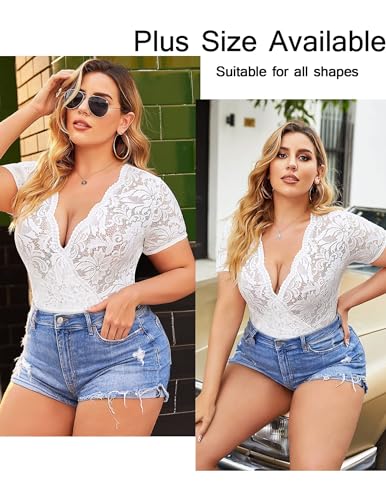 Avidlove Womens Shapewear Bodysuit Sexy Short Sleeve Bodysuit Snap Crotch Clubwear Tops White L