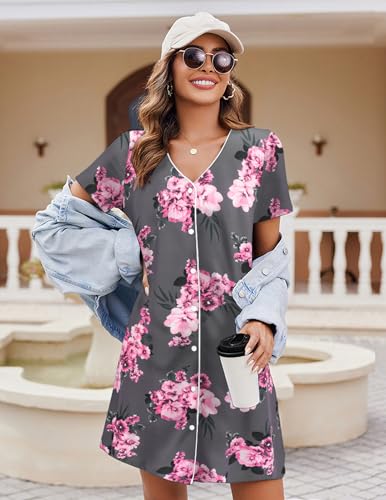 Ekouaer Women's Nightgown Button Down Nightshirt Short Sleeve Sleepshirt Soft V Neck Sleepwear Pajama Dress Grey Floral XL