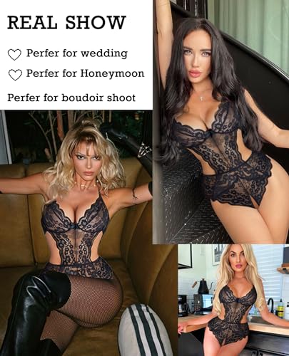 Black Lace V-Neck Bodysuit Mini Babydoll Lingeries