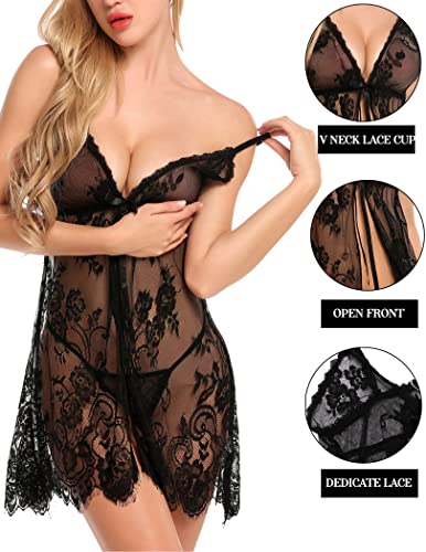 Avidlove Bridal Lace Babydoll Chemise Nightdress in Black
