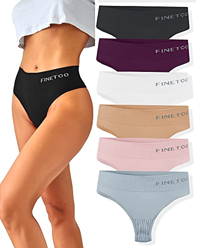 FINETOO 6 Pack High Waisted Thongs, Soft Stretchy Underwear