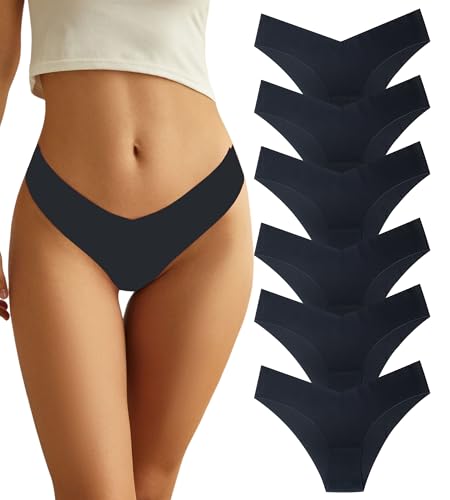 Beafulrab Women Seamless Underwear Soft No Show Stretch Bikini Invisibles Hipster V Cut Panties 6 pack Black(P2,M)
