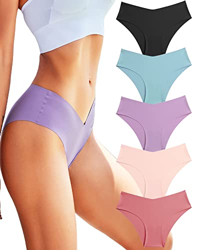 ROSYCORAL Women’s Seamless Underwear Soft Stretch Briefs Invisibles Hipster V Cut cheeky No Show Bikini Panties 5 pack XS-L (L)