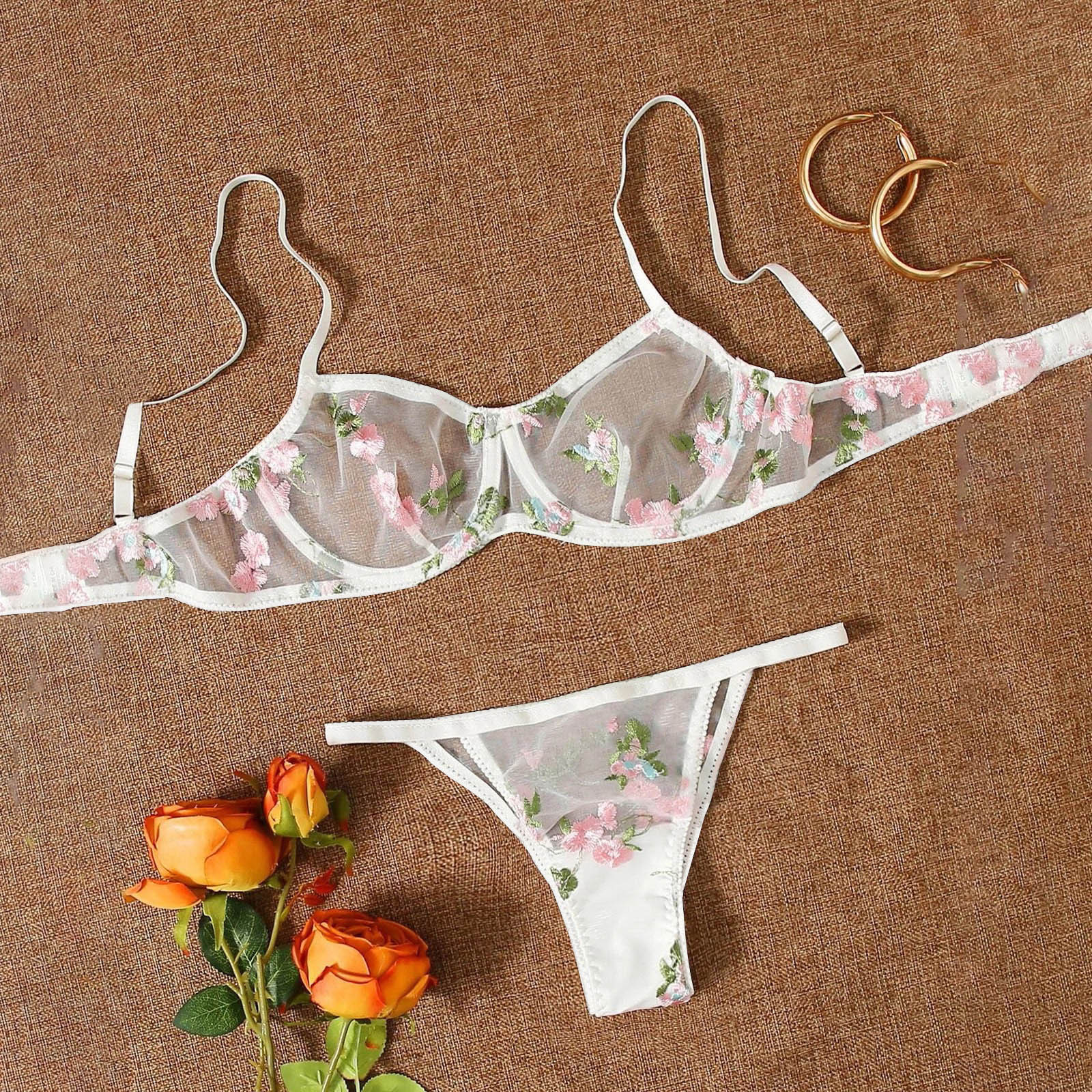 Flower Embroidery Sheer Mesh Lingerie Set with Cozy Thongs