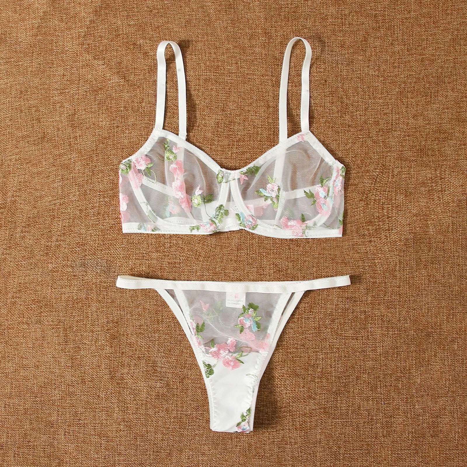 Flower Embroidery Sheer Mesh Lingerie Set with Cozy Thongs
