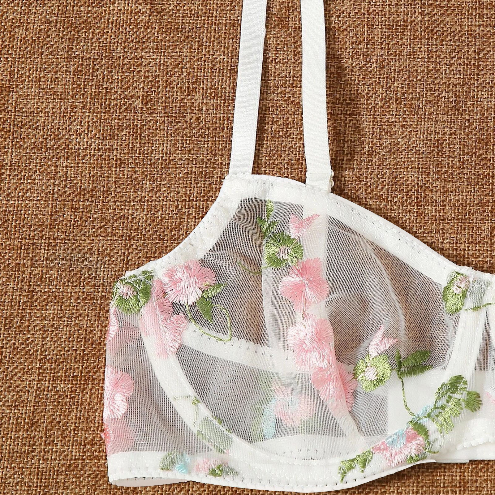 Flower Embroidery Sheer Mesh Lingerie Set with Cozy Thongs