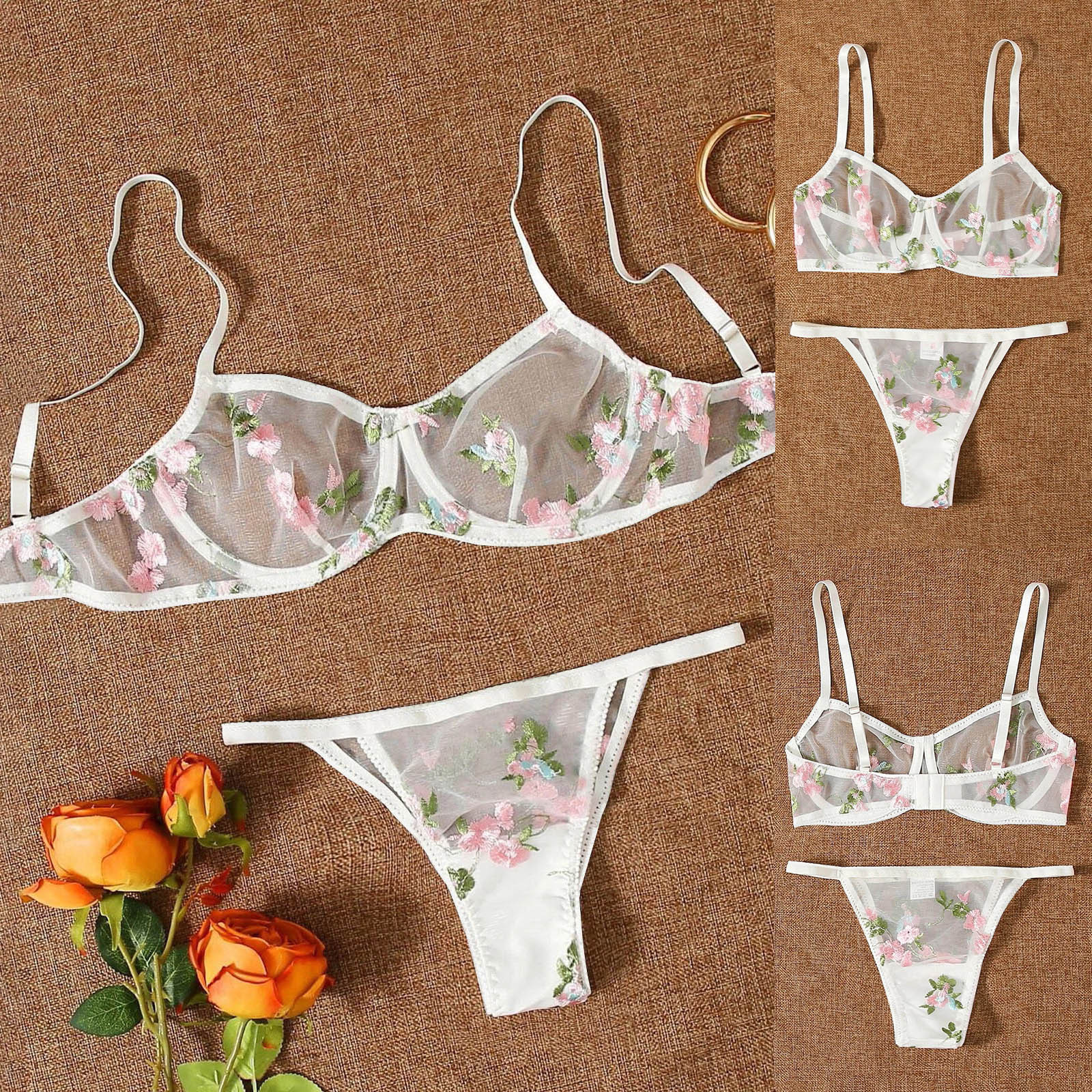 Flower Embroidery Sheer Mesh Lingerie Set with Cozy Thongs