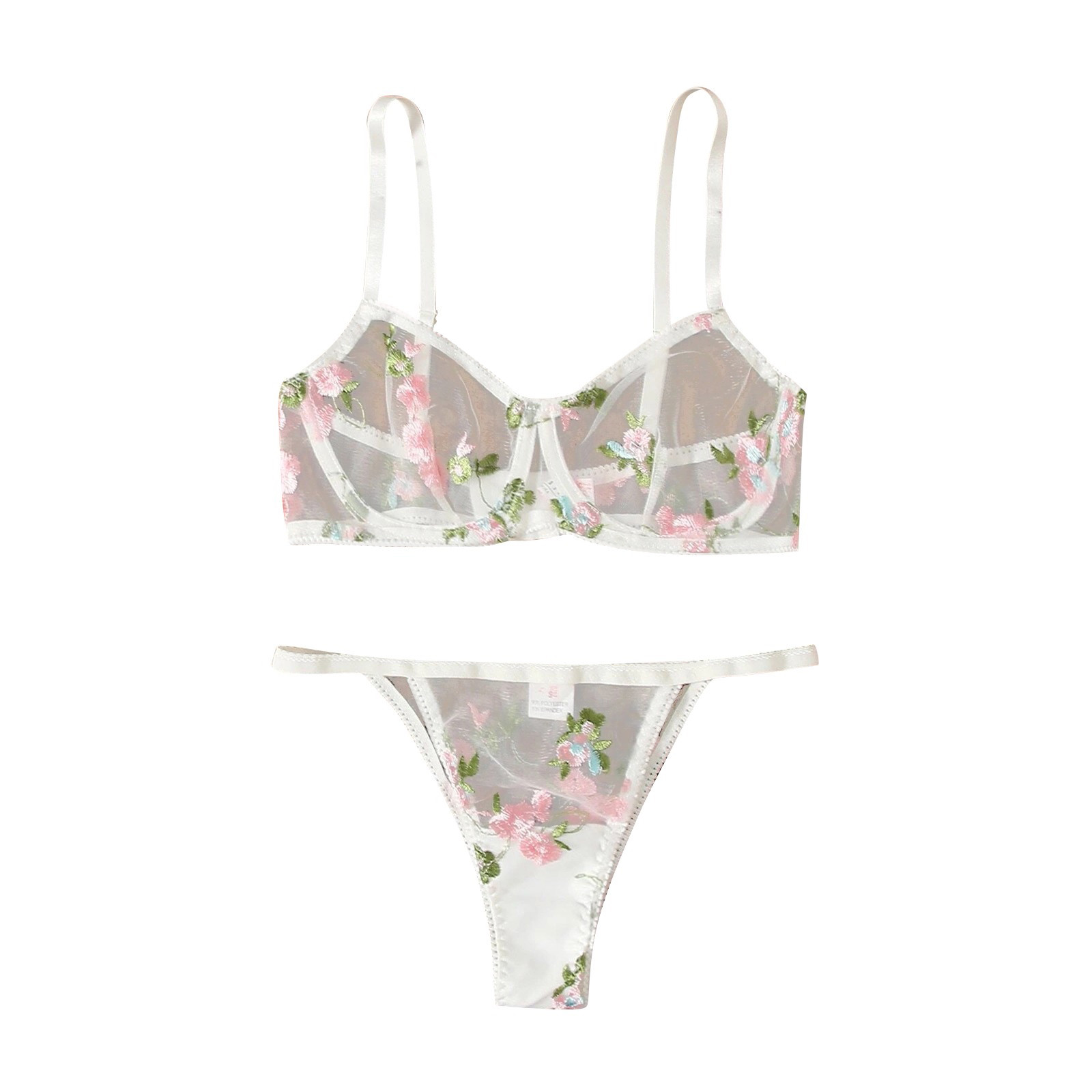 Flower Embroidery Sheer Mesh Lingerie Set with Cozy Thongs