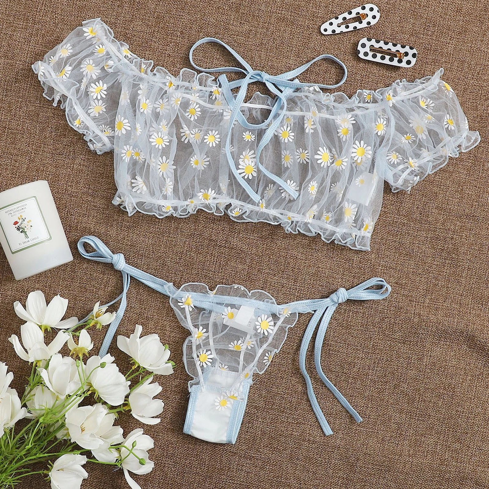 Daisy Print Lace Up Lingerie Set with Thongs