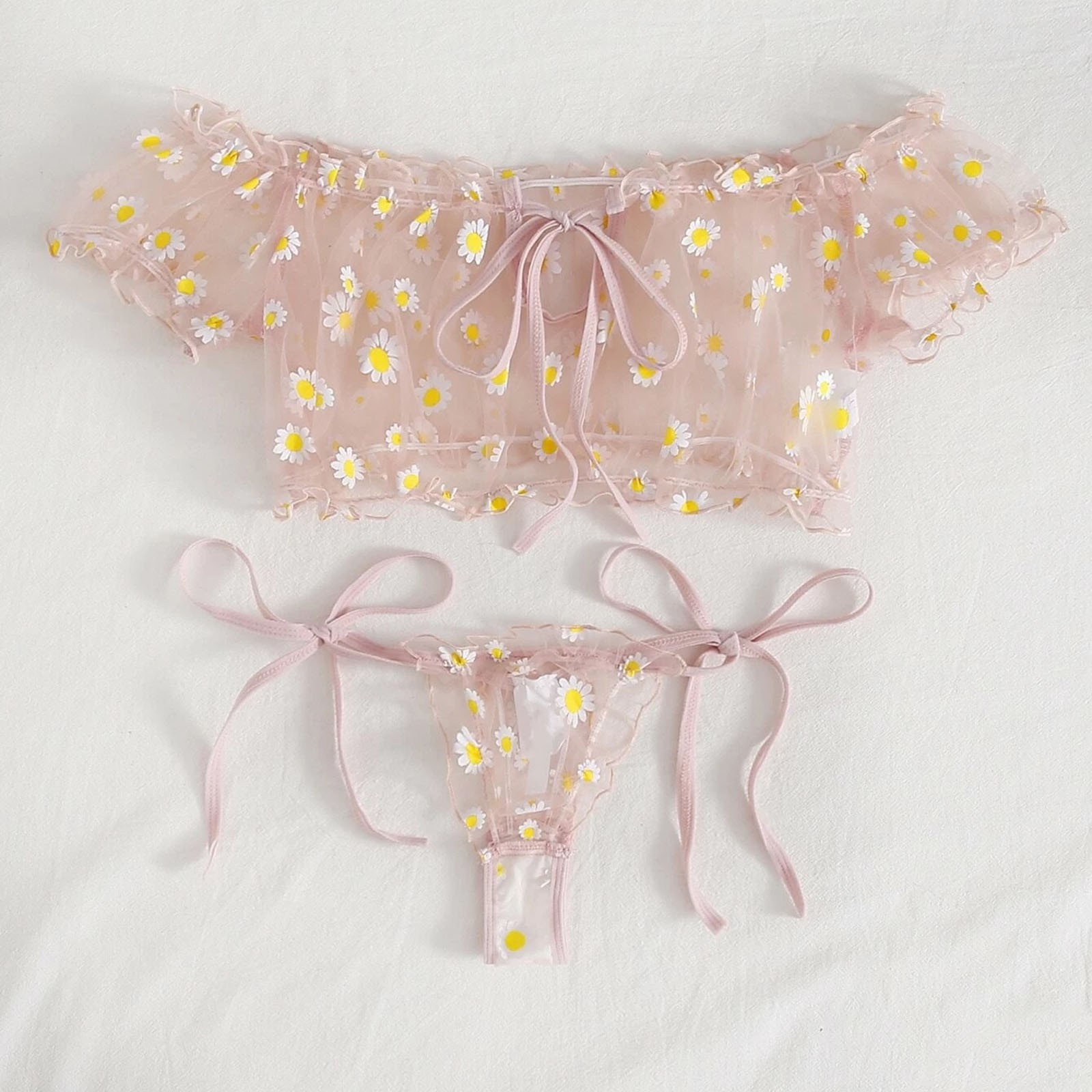 Daisy Print Lace Up Lingerie Set with Thongs