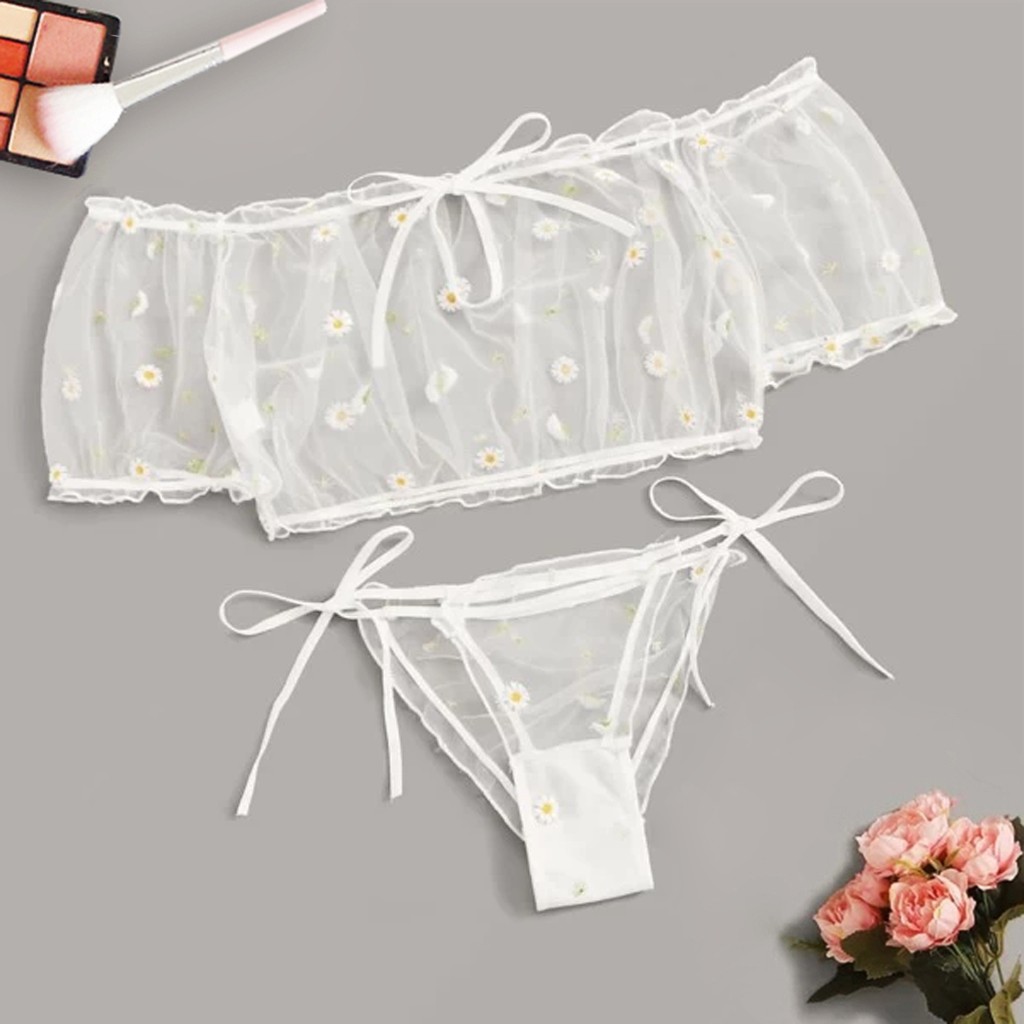 Daisy Print Lace Up Lingerie Set with Thongs