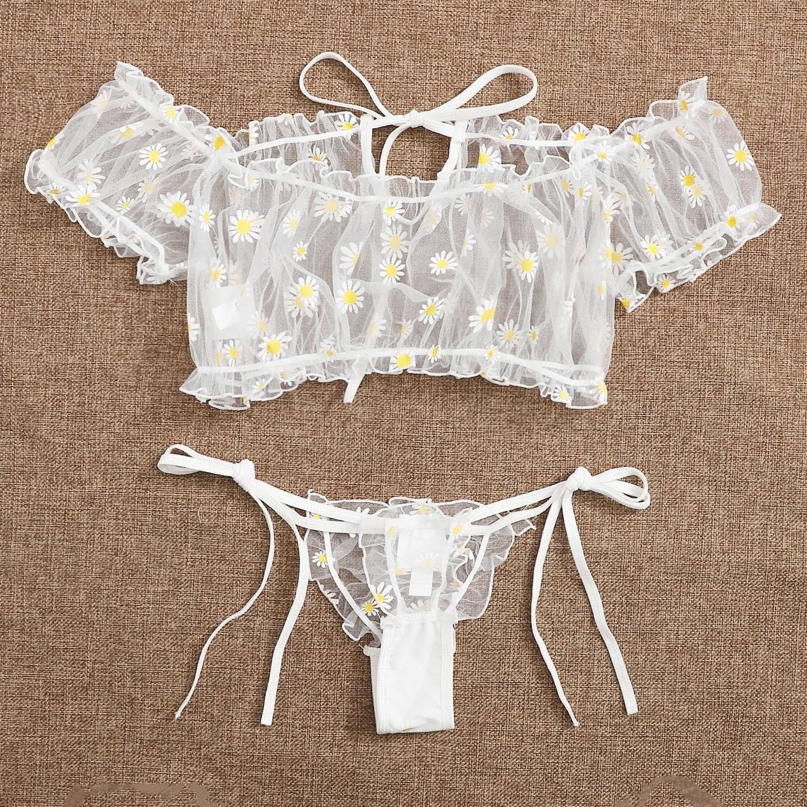 Daisy Print Lace Up Lingerie Set with Thongs