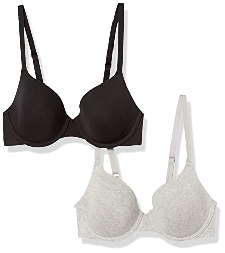 Amazon Essentials Women's Underwire T-Shirt Bra, Pack of 2, Black/Grey Heather, 32C