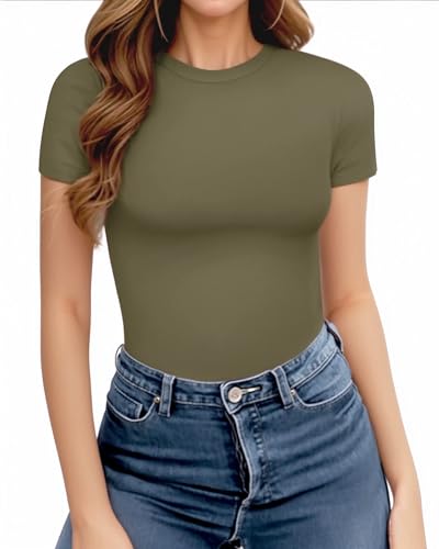 MANGOPOP Women's Crew Neck Bodysuit Short Sleeve Body Suits T Shirts Basic Tops