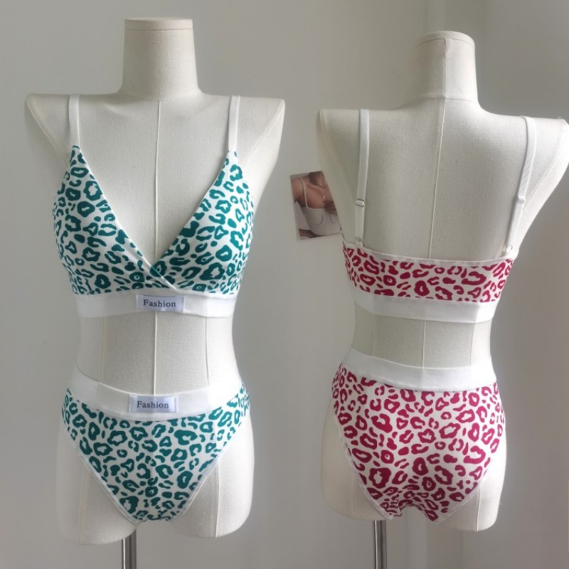 Leopard V-Neck Bra Set with Low Waist Panties