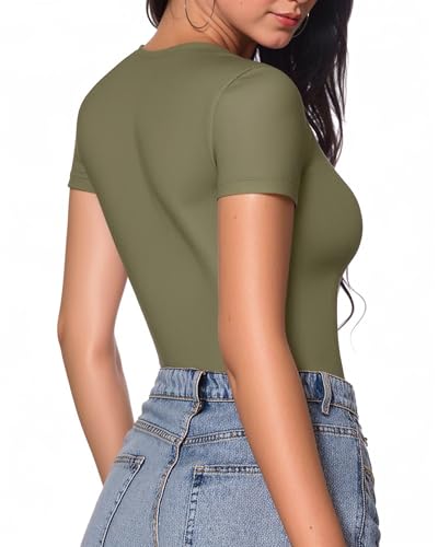 MANGOPOP Women's Crew Neck Bodysuit Short Sleeve Body Suits T Shirts Basic Tops