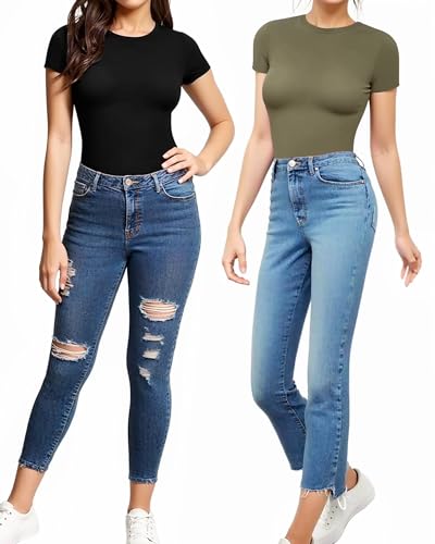 MANGOPOP Women's Crew Neck Bodysuit Short Sleeve Body Suits T Shirts Basic Tops