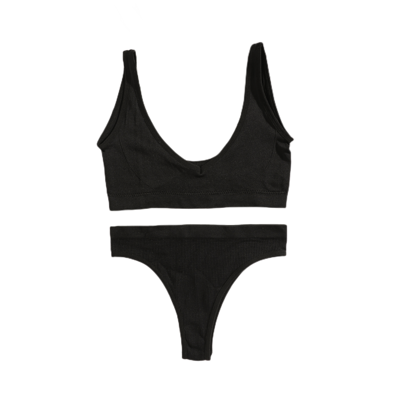 Ribbed Fitness Lingerie Set with V Neck Bra