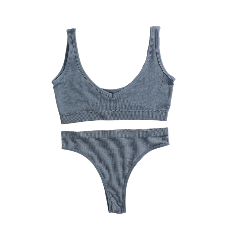 Ribbed Fitness Lingerie Set with V Neck Bra