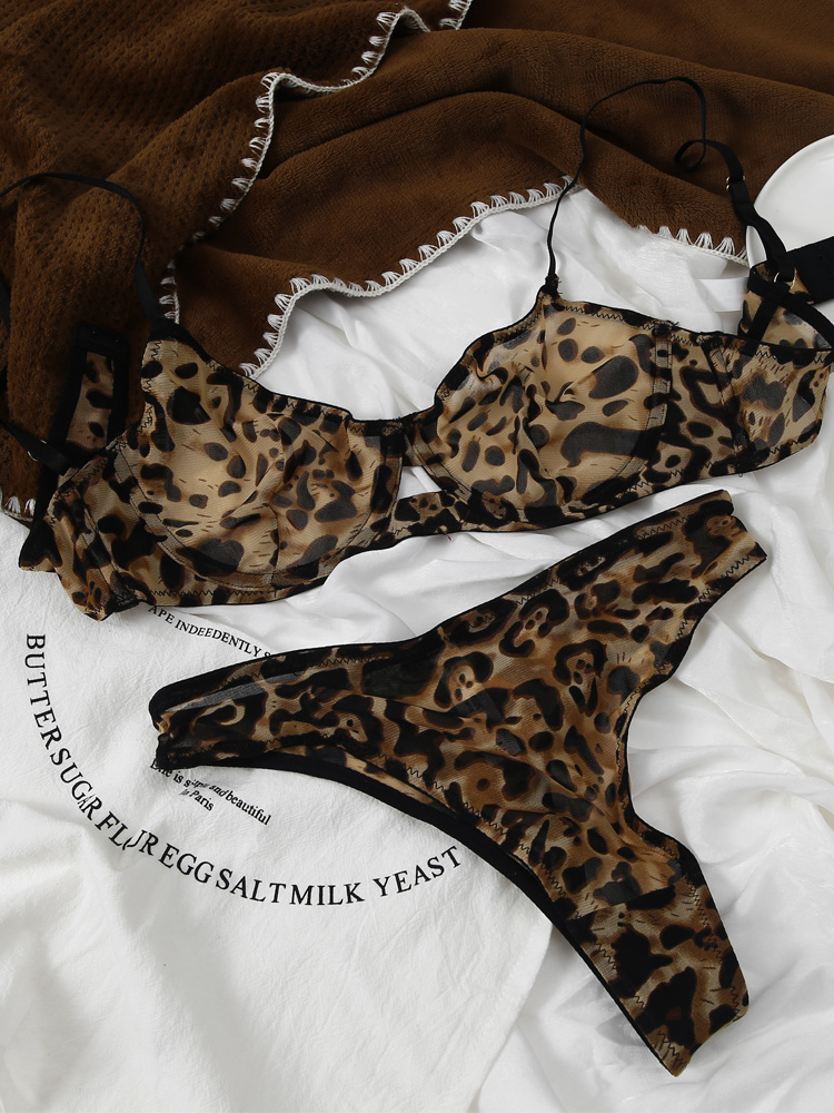 Leopard Printed Underwire Bra Set with Sheer Mesh