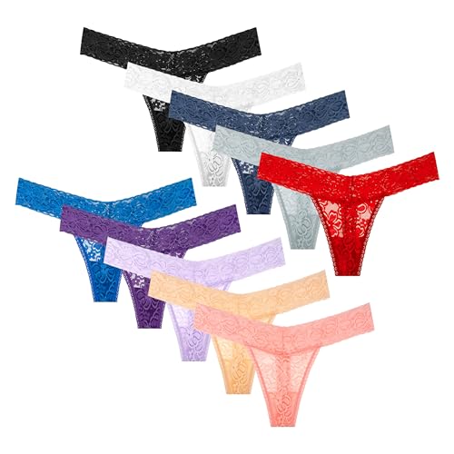 Lace Cotton Thongs Panties Assorted Colors 10-Pack
