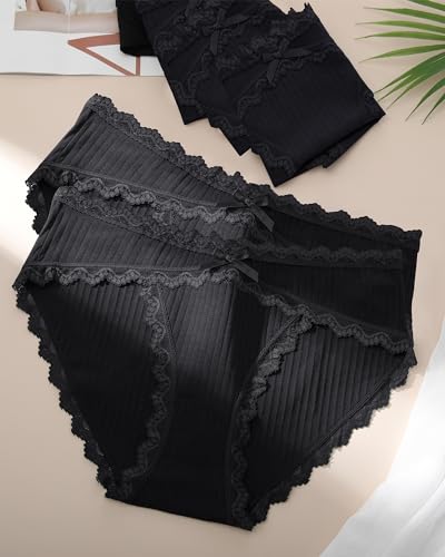 LEVAO 6 Pack Lace Black Cotton Women Underwear