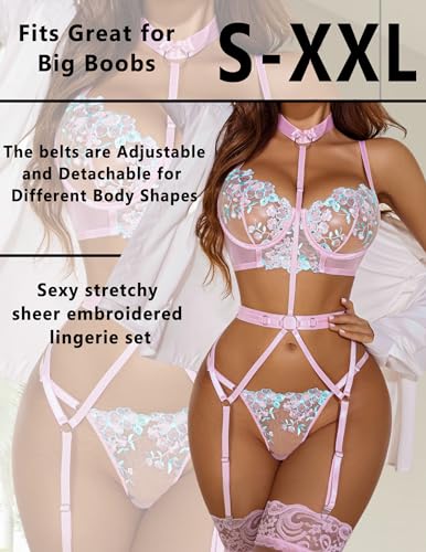 Avidlove Women's Sexy Light Pink 3-Piece Lingerie Set