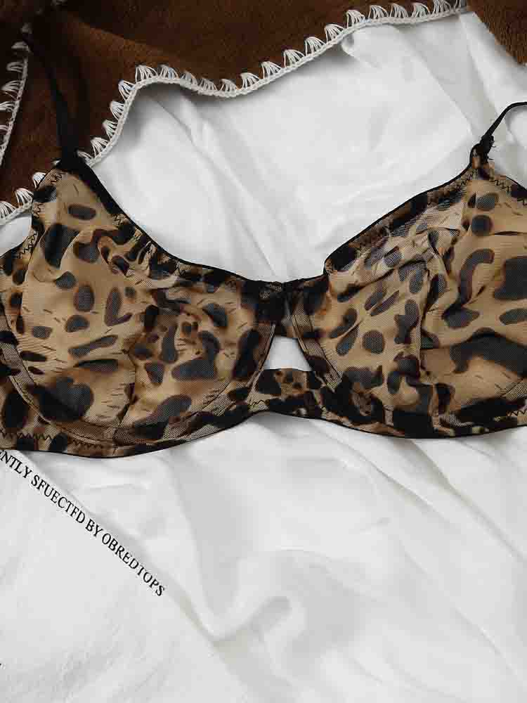 Leopard Printed Underwire Bra Set with Sheer Mesh