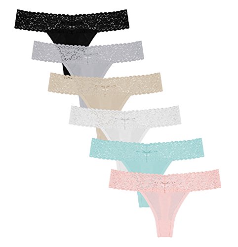 6 Pack Lace Cotton Thongs for Women-Large