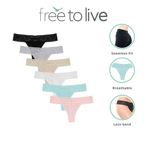 6 Pack Lace Cotton Thongs for Women-Large