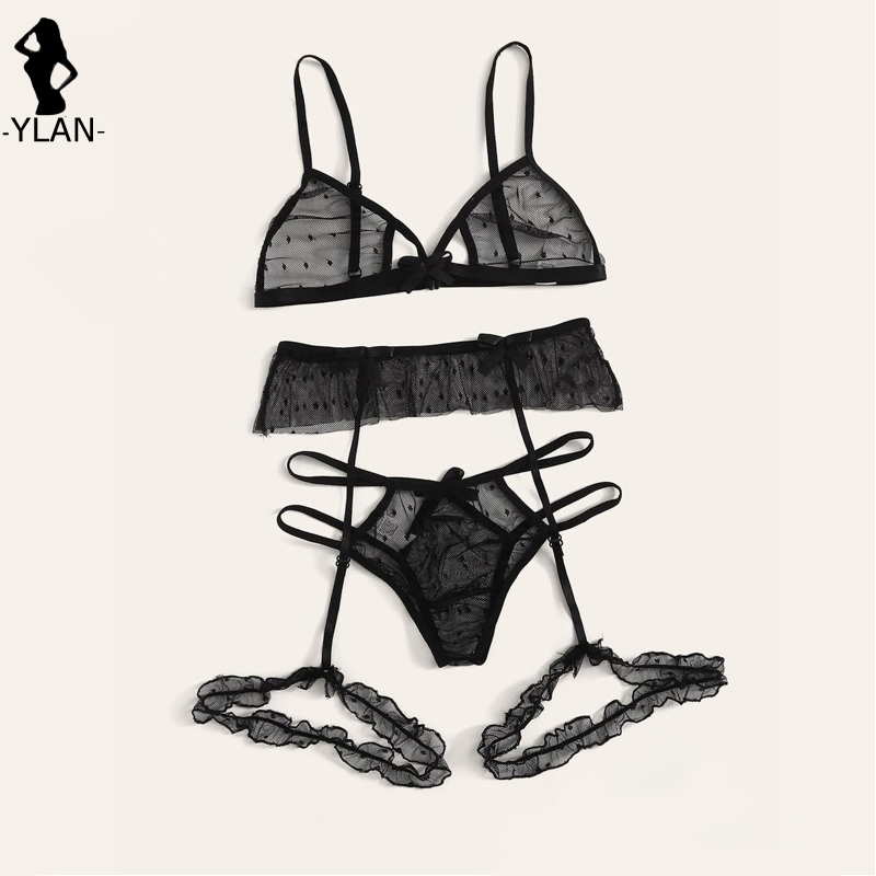 Sexy Mesh Polka Dot Lingerie Set with Garter