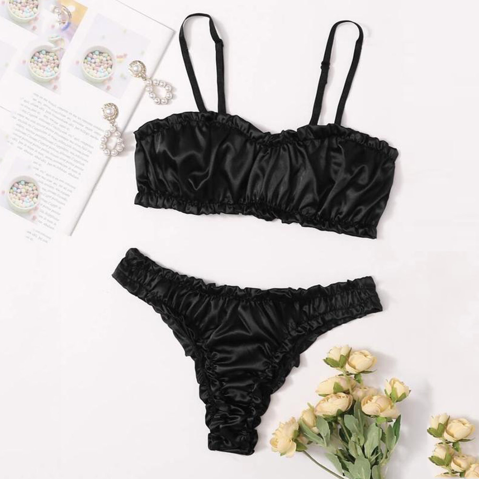 Black Silk Satin Lingerie Set with Wireless Bra