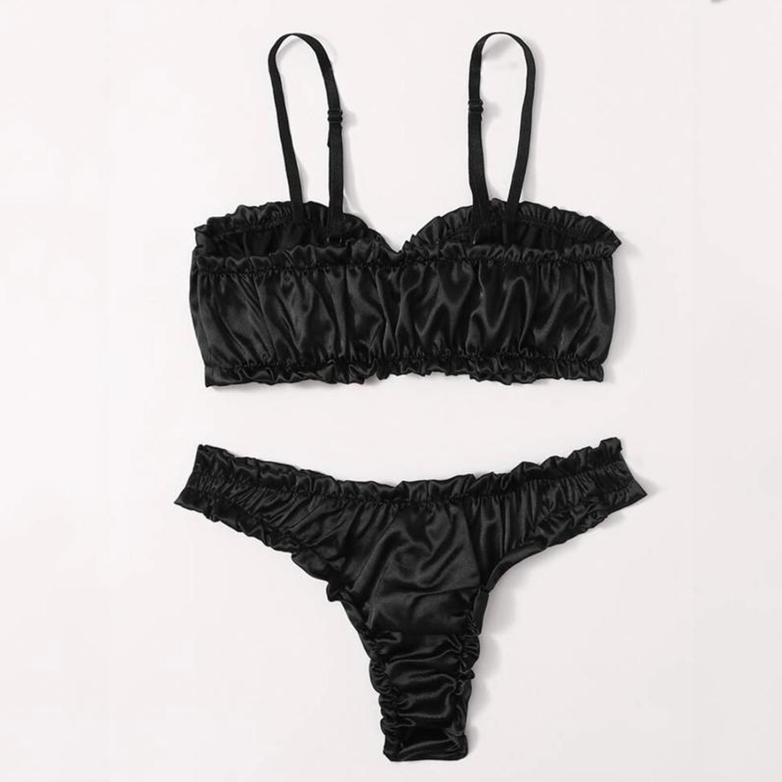 Black Silk Satin Lingerie Set with Wireless Bra