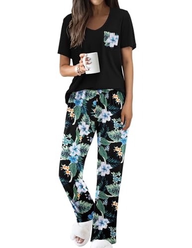 Ekouaer Pajama Sets for Women 2 Piece Short Sleeve Pj Sets With Long Printed Pants Sleepwear Casual Lounge Sets Black-blue flower L