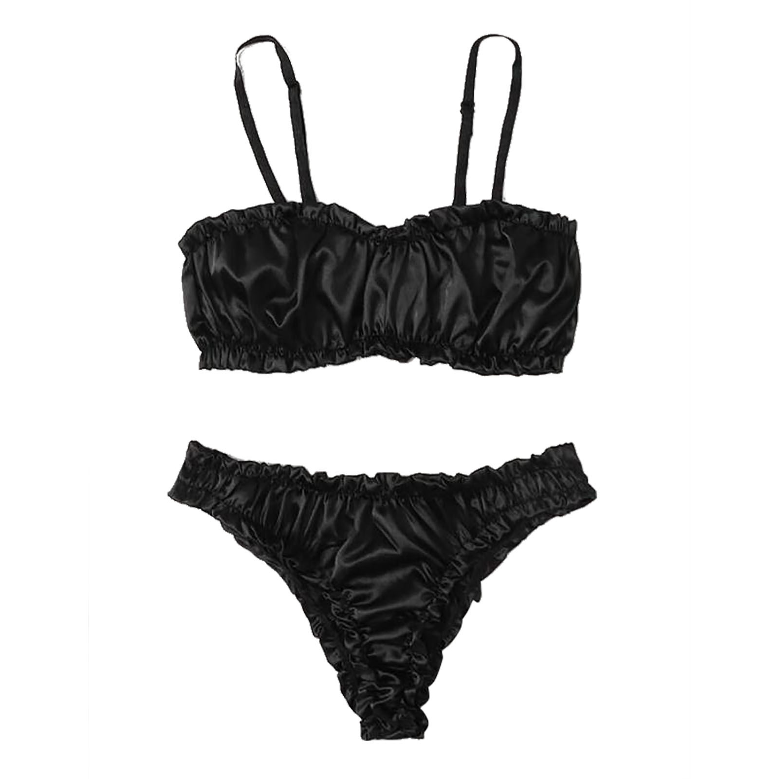 Black Silk Satin Lingerie Set with Wireless Bra