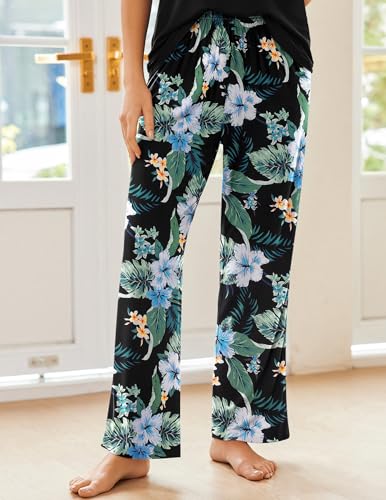 Ekouaer Pajama Sets for Women 2 Piece Short Sleeve Pj Sets With Long Printed Pants Sleepwear Casual Lounge Sets Black-blue flower L