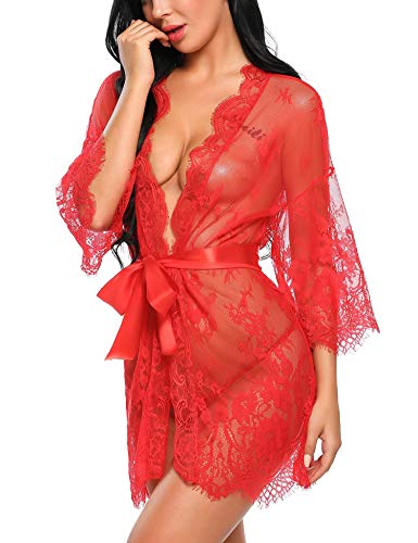 Avidlove Lace Kimono Robe Babydoll Nightgown Red
