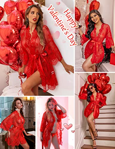 Avidlove Lace Kimono Robe Babydoll Nightgown Red